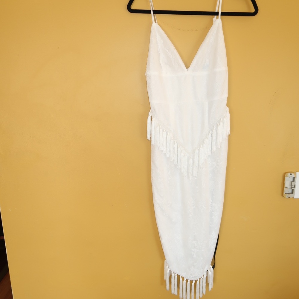 White  Lace Tassel Trim Plunge Midi Dress